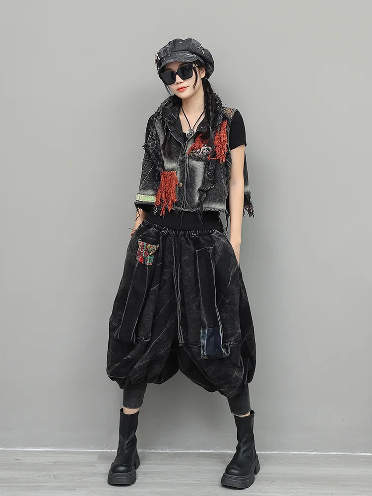XITAO Personalized Trendy Vintage Denim Sets Short Vest Small Leg Lantern Pants Women's Autumn Loose and Stylish Set GJ1215