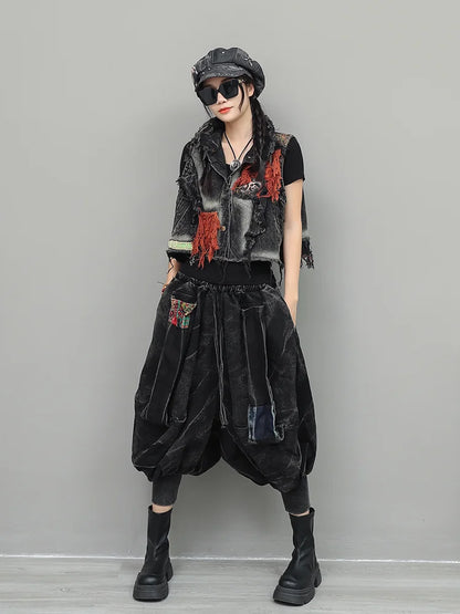 XITAO Personalized Trendy Vintage Denim Sets Short Vest Small Leg Lantern Pants Women's Autumn Loose and Stylish Set GJ1215