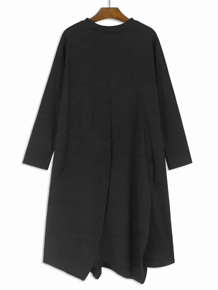 XITAO Gauze Patchwork Pocket Dress Solid Color O-neck Long Sleeve Pullover Loose Casual Slimming Dresses 2025 Spring New GJ1098