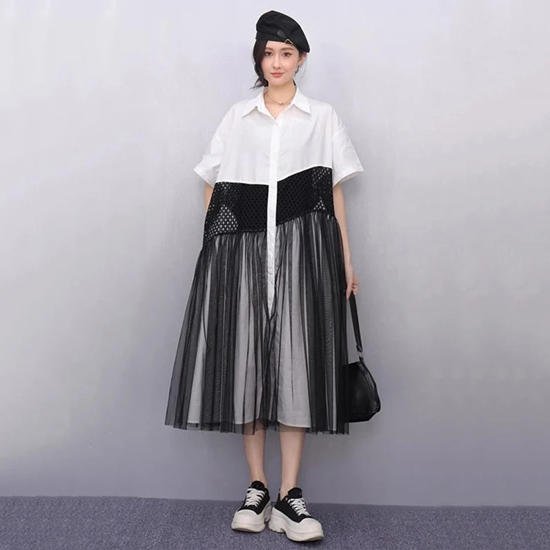 XITAO Contrast Color Hollow Out Patchwork Gauze Dress Turn-down Collar Short Sleeve Single Breasted Loose Casual Dress GYX1617