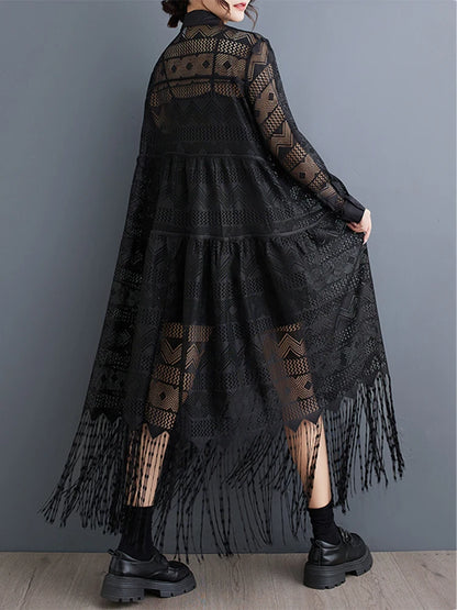 XITAO Casual Solid Color Hong Kong New Arrival A-line Dress Tassel Turn-down Collar Mid-calf Autumn Female Lace Dress ZYY1116