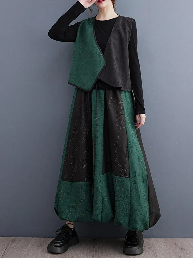 XITAO Vintage Dress Sets Sleeveless Lace-up Top Skirt Two Piece Sets Women Fashion Asymmetrical Contrast Color Patchwork DMJ3108