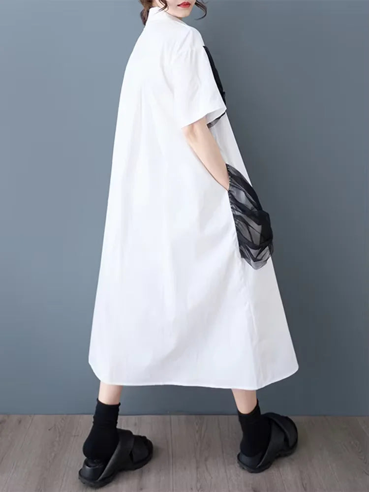 XITAO Bow Mesh Single Breasted Lapel Female Dress Casual Solid Color Short Sleeve Leisure A-line Mid-calf Summer Dress HQQ2458