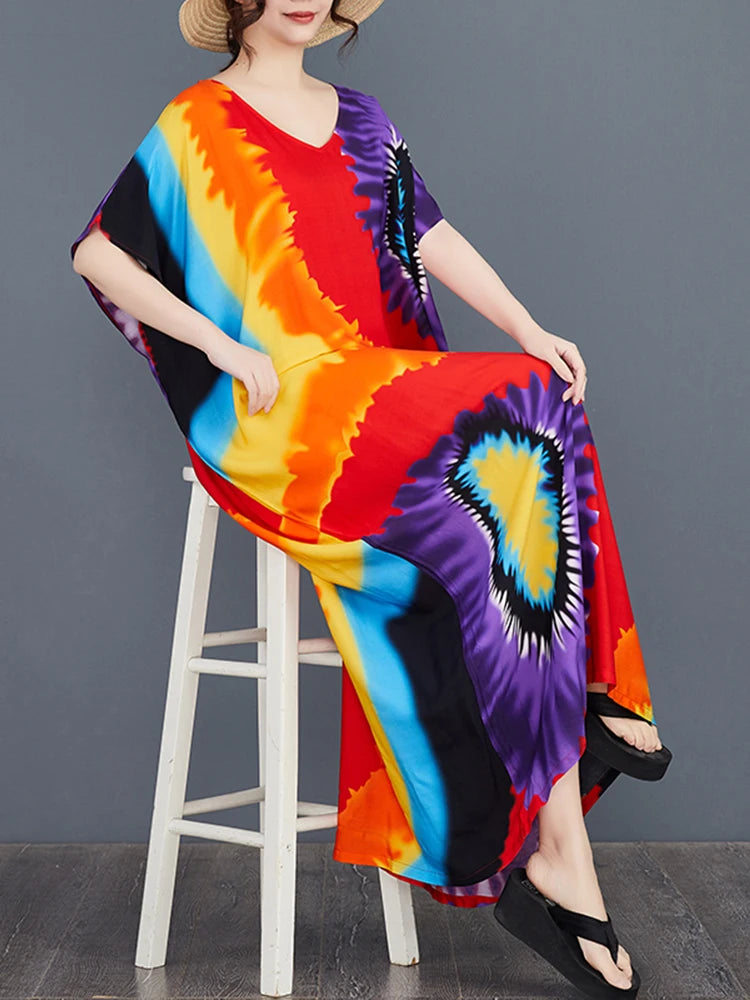 XITAO Female Print Batwing Sleeve Dress Casual Loose Fitting A-line Half Sleeve Simple V-neck Europe Summer Women Dress GYX1516