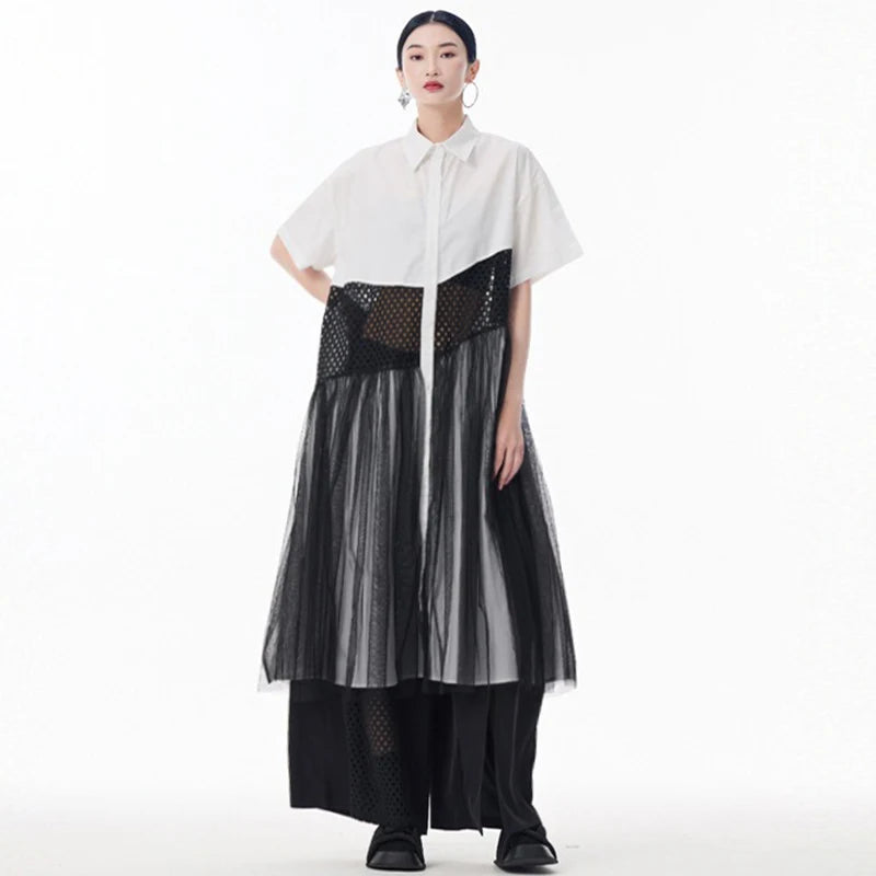 XITAO Patchwork Mesh Lapel Hollow Out Dress Casual A-line Short Sleeve Single Breasted Turn-down Collar Female Dress GYX1583