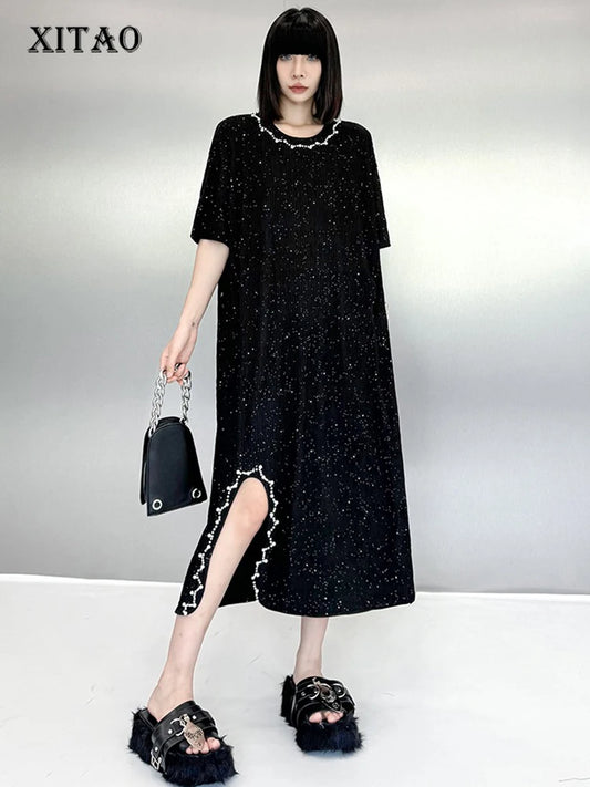 XITAO Asymmetrical Embroidered Flares Short Sleeve Dress Casual A-line Loose Fitting Fashion New Summer Women Dress ZMY1191