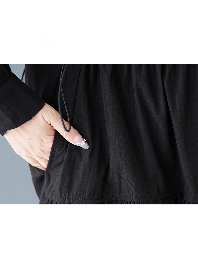 XITAO Single Breasted Pocket Dress Solid Color Turn-down Collar Patchwork Long Sleeve Loose Slimming Temperament Dress GYX1511