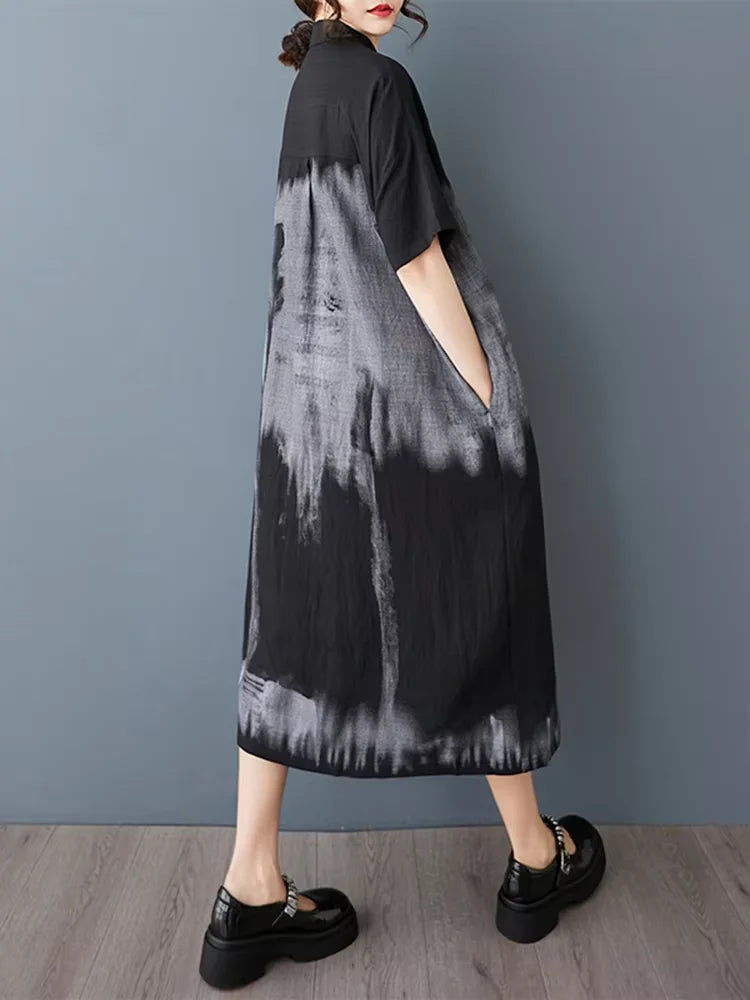 XITAO Casual Contrast Color Dress Personality Button Women Summer Simple Short Sleeve Slimming Loose Shirt Dress ZMY1141
