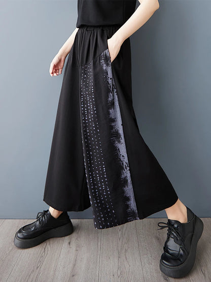 XITAO Print Patchwork Pocket Elastic Waist Pants Contrast Color Loose All Match Casual Slimming Summer Wide Leg Pants HQQ2482