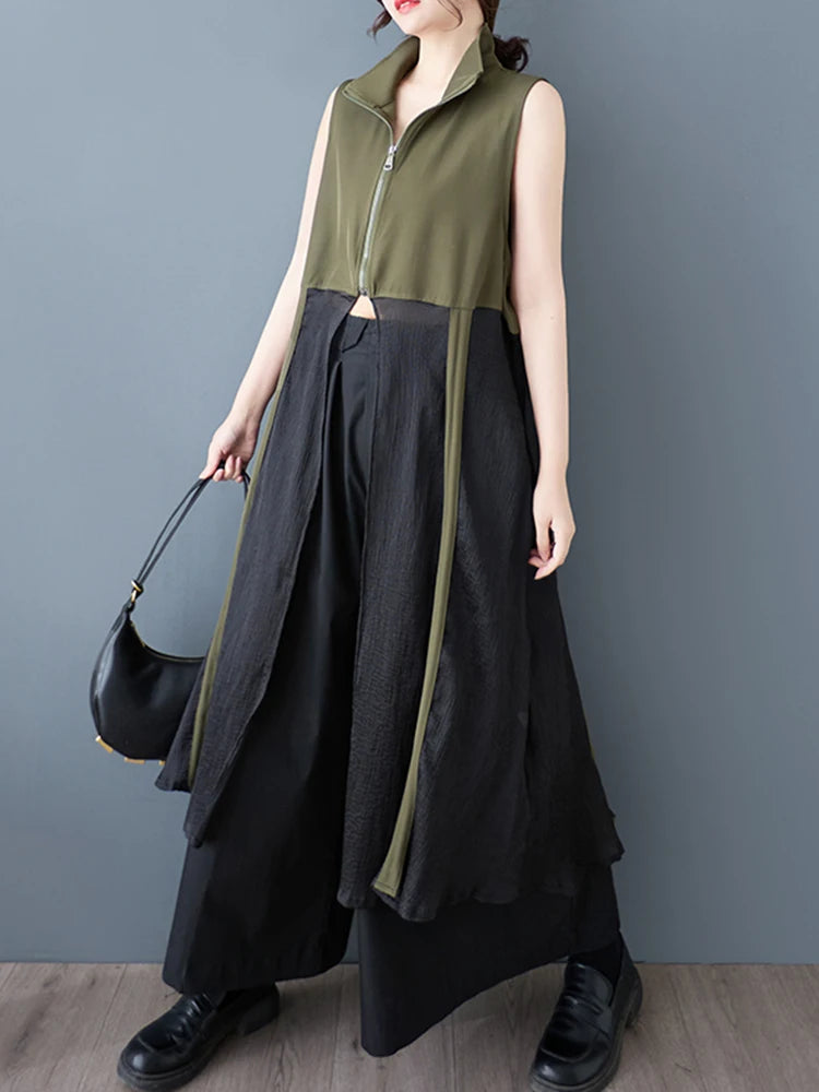 XITAO Patchwork Zipper Lapel Dress Casual Sleeveless New A-line Mid-calf Loose Turn-down Collar Spring Women Dress ZY8938