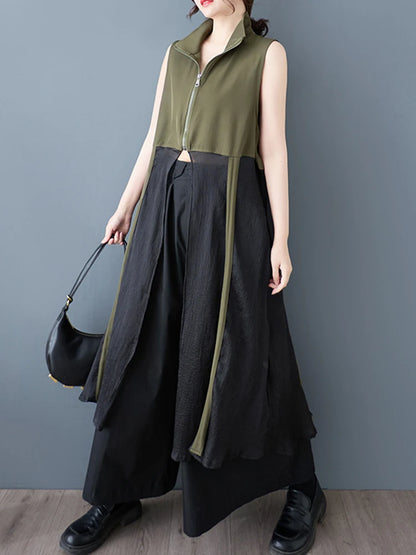 XITAO Patchwork Zipper Lapel Dress Casual Sleeveless New A-line Mid-calf Loose Turn-down Collar Spring Women Dress ZY8938