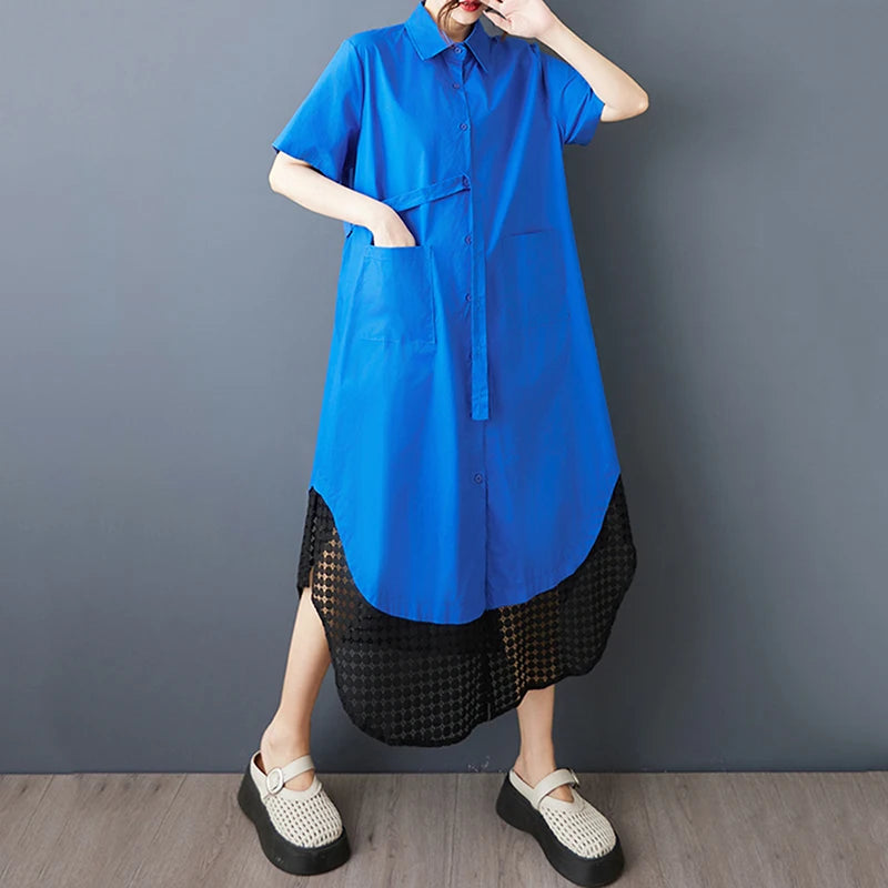XITAO Loose Patchwork Mesh Dress Casual Slimming Single Breasted Women Summer Short Sleeve Turn-down Collar Dress ZMY1209