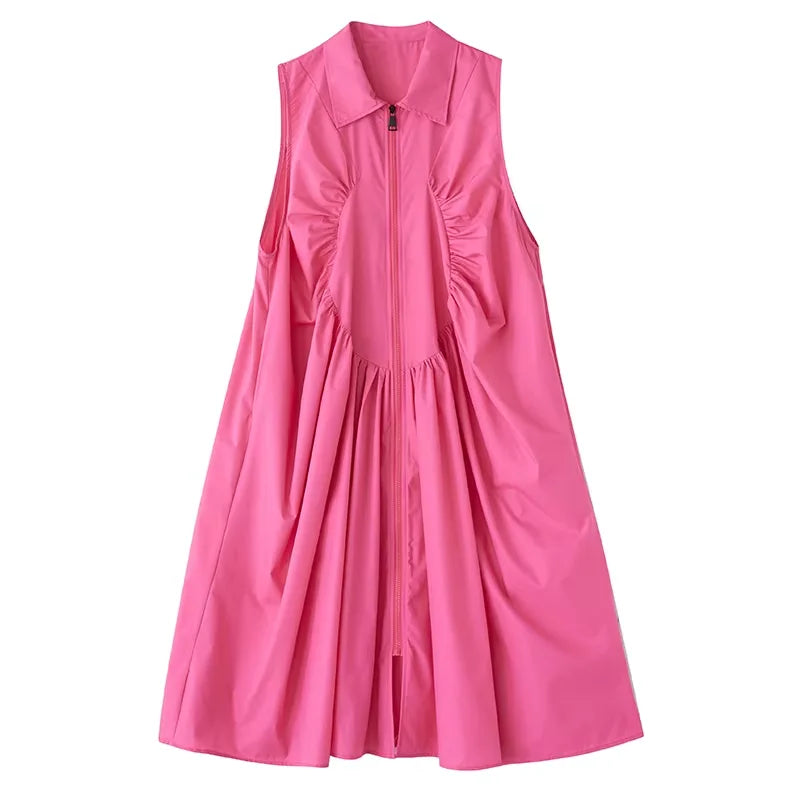 XITAO Fold Zipper Sleeveless Turn-down Collar Dress Solid Color Patchwork Pocket Loose Casual Slimming All Match Dress HQQ2445