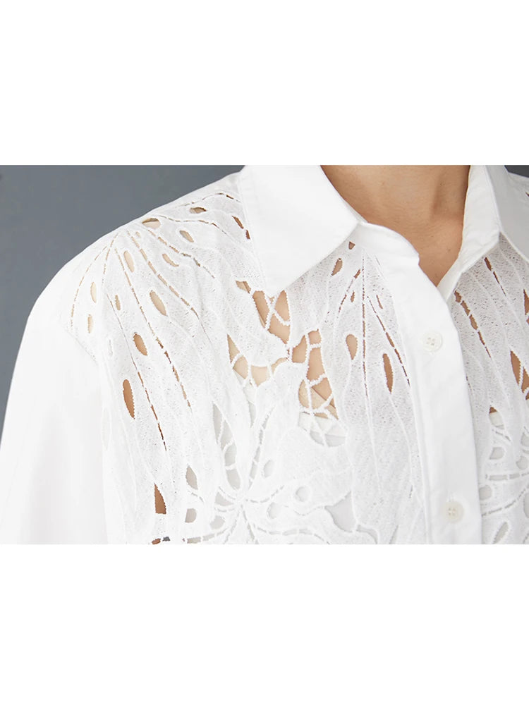 XITAO Hollow Out Lace Patchwork Women Shirt Single Breasted Turn-down Collar Solid Color Long Sleeve Loose All Match Top ZY8934