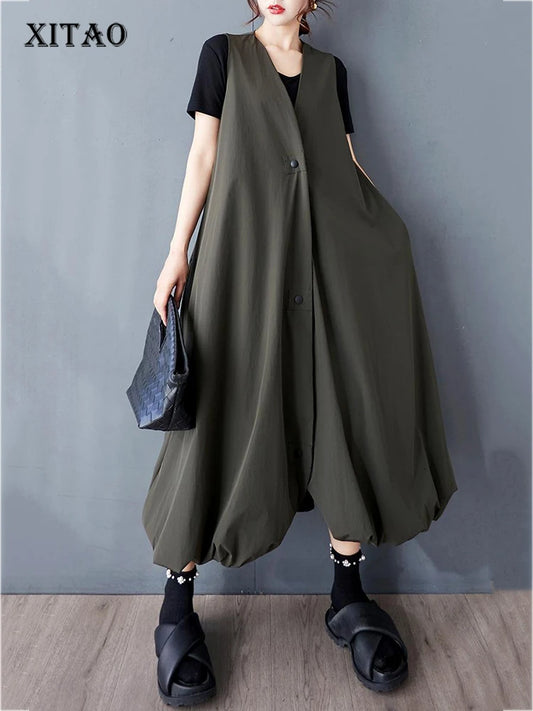 XITAO Bud Single Breasted V-neck Sleeveless Dress Casual Solid Color A-line Mid-calf New Leisure Summer Women Dress GYX1558