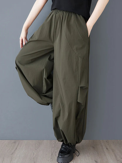 XITAO Shirring Pocket Patchwork Pant Solid Color Elastic Waist Casual Slimming All Match Loose Wide Leg Pants Spring ZY8935