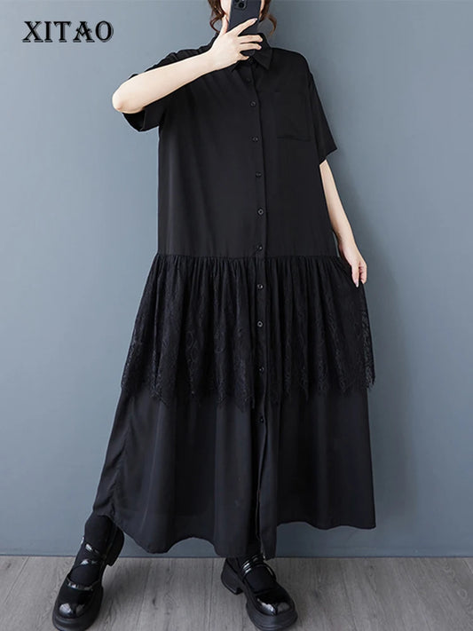 XITAO Lace Patchwork Turn-down Collar Dress Casual A-line Single Breasted Loose Fitting Hong Kong New Summer Women Dress HQQ2484