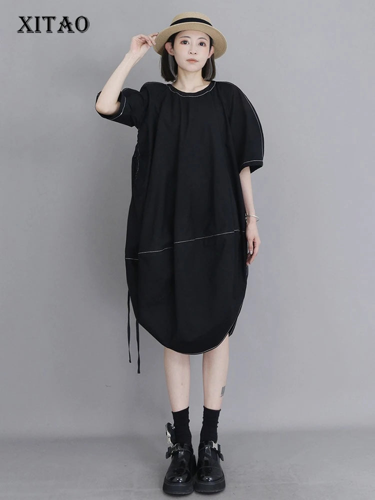 XITAO Irregular O-neck Dress Casual Solid Color Loose Fitting A-line All Match Elegant Personality Summer Female Dress ZMY1370