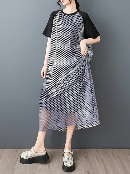 XITAO Patchwork Contrast Color Female Dress Mesh Hollow Out O-neck Short Sleeve Temperament Loose Summer Woman Dress ZMY1258