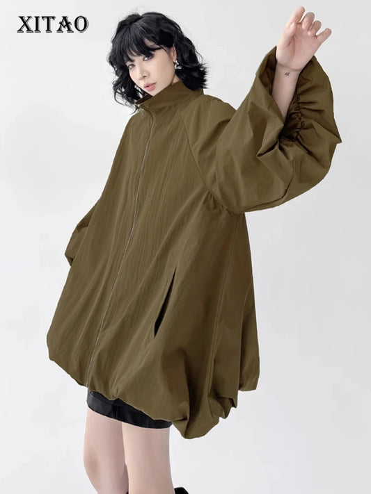 XITAO Zipper Stand Collar Vintage Jackets Loose Casual Full Sleeve Solid Color Fashion Personality Trend Woman Jackets ZMY1408