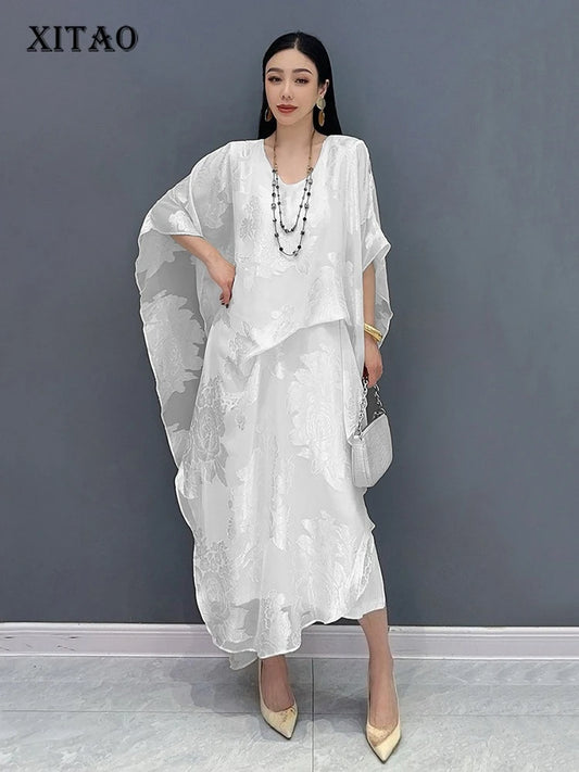 XITAO Jacquard Asymmetrical Folds Pullover Dress Solid Color O-neck Loose Temperament All Match Slimming Casual Dress ZMY1178