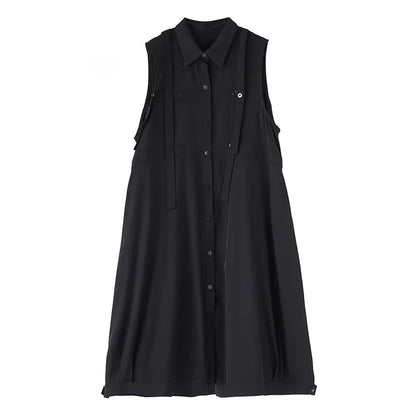 XITAO Single Breasted Turn-down Collar Dress Casual Solid Color Sleeveless A-line Fashion Ribbon Summer Women Dress HQQ2479