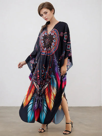 XITAO Bat Wing Sleeve Loose Print Dress Side Slit Personality Trend All-match Pullover Casual Elegant Summer Female Dress GJ1202