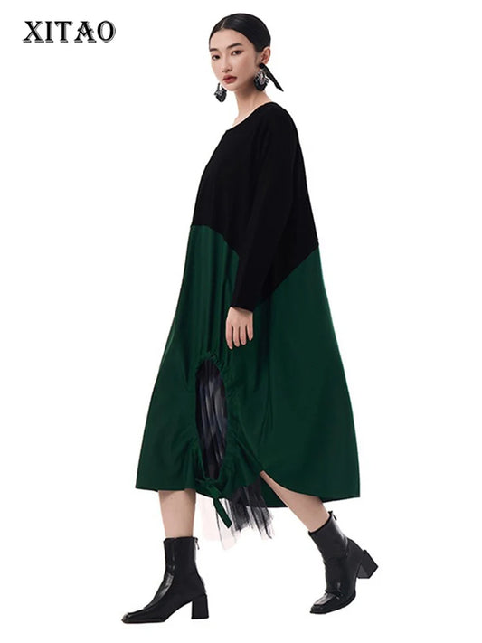 XITAO Patchwork Contrast Color Mesh O-neck Dress Full Sleeve A-line Mid-calf Vintage Japanese Style Spring Female Dress GMM1326