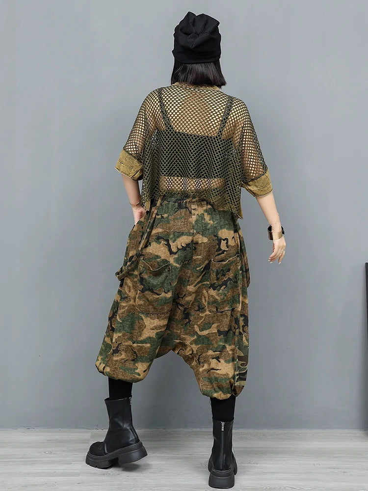 XITAO Patchwork Hollow Out Denim Sets O-neck Loose Casual Short Sleeve Pocket Elastic Waist Two-piece Personality Sets GYX1663