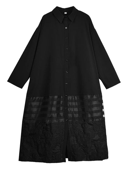 XITAO Striped Patchwork Black Dress Turn-down Collar Single Breasted Full Sleeve Temperament Slimming All-match Dress ZY8947