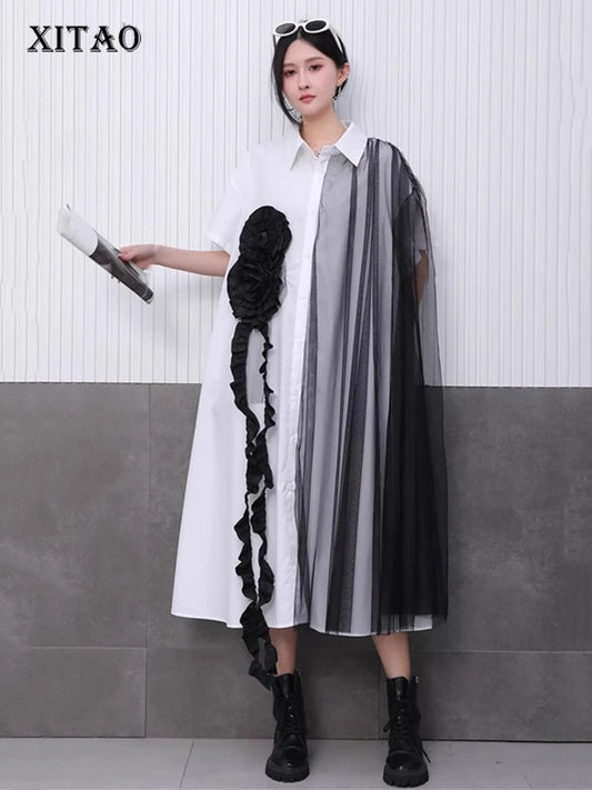 XITAO Three-dimensional Decoration Patchwork Women Dress Gauze Split Contrast Color Turn-down Collar Slimming Dress GYX1645
