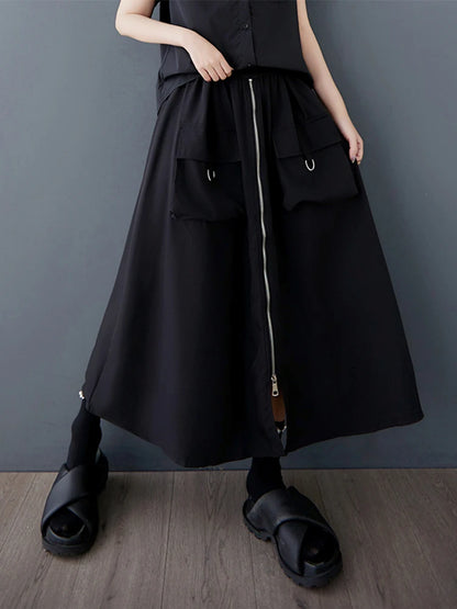 XITAO Zipper Pocket Patchwork Split Skirt Solid Color Elastic Waist Loose Mid-calf Casual Personality Slimming Skirt GYX1559