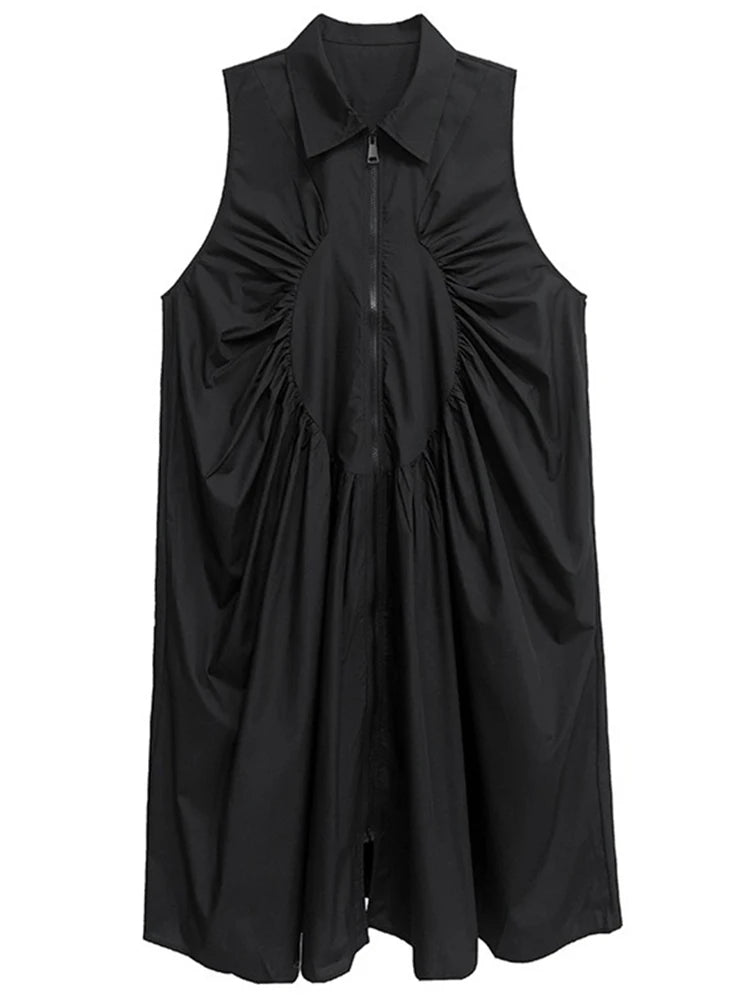 XITAO Pleated Zipper Turn-down Collar Dress Sleeveless A-line Patchwork Solid Color Simple Casual Summer Women Dress ZMY1051
