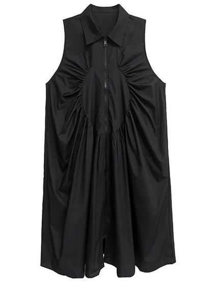XITAO Pleated Zipper Turn-down Collar Dress Sleeveless A-line Patchwork Solid Color Simple Casual Summer Women Dress ZMY1051