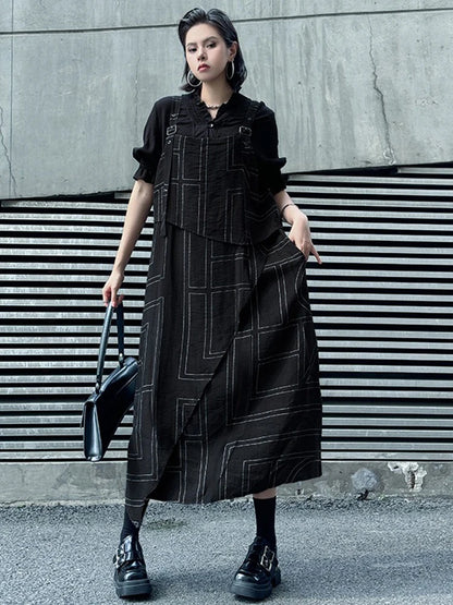 XITAO Patchwork Geometric Loose Strap Dress Sleeveless Casual Square Collar Simple All-match Slimming Summer Woman Dress HQQ2492