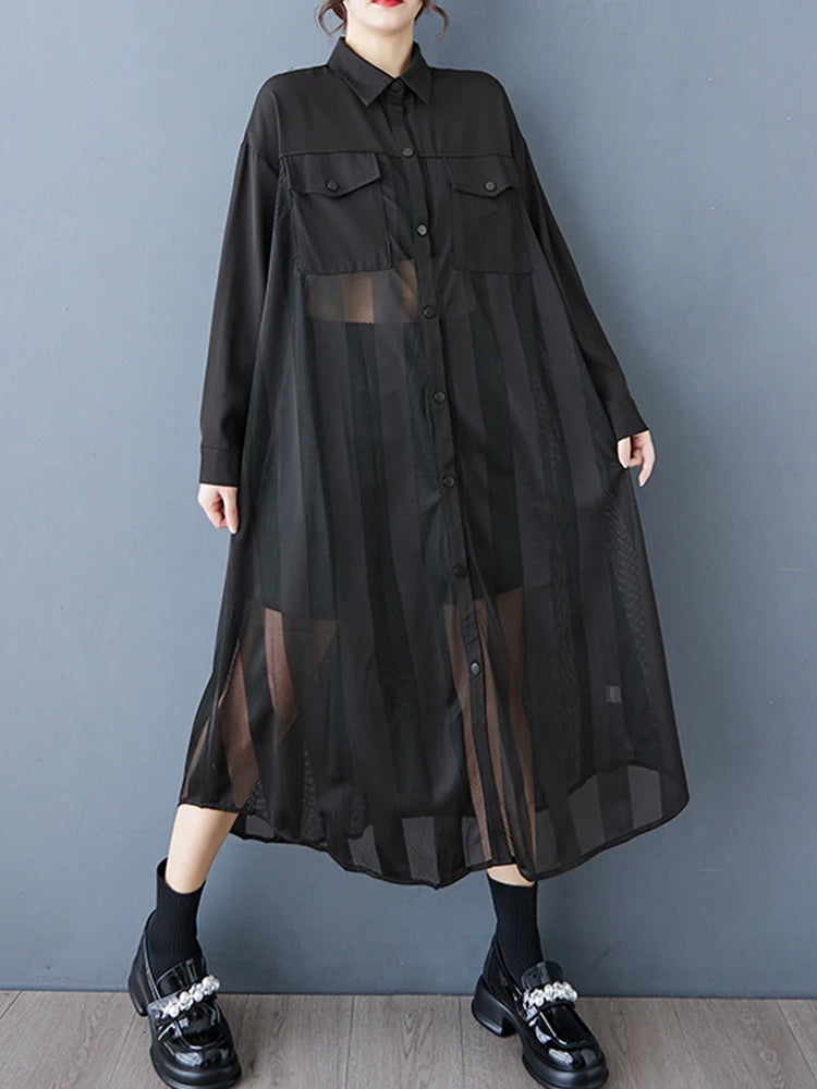 XITAO Patchwork Mesh Full Sleeve Single Breasted Dress Casual Solid Color Temperament A-line Turn-down Collar Dress GYX1567