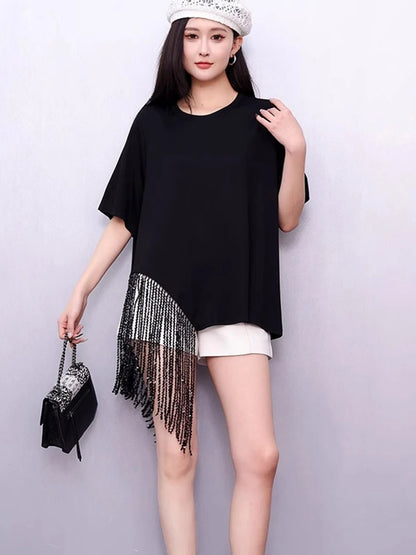 XITAO Loose Tassels Asymmetric Women T-shirt Fashion Trend Short Sleeve O-neck Women Temperament All-match Simple Top ZMY1176