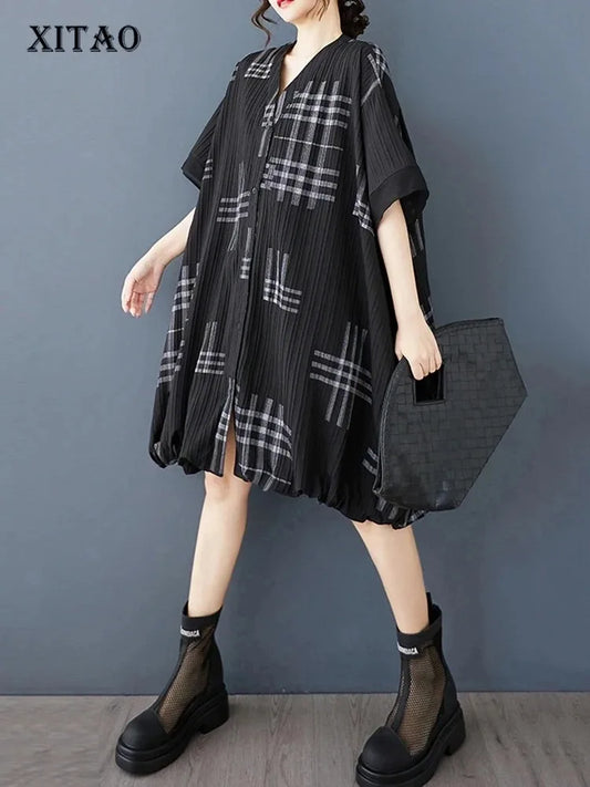 XITAO Striped Print Patchwork Contrast Color Loose Dress V-neck Short Sleeve Loose Vintage Knee-length Shirt Dress ZMY1172