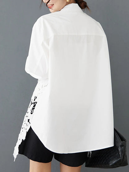 XITAO Hollow Out Lace Patchwork Women Shirt Single Breasted Turn-down Collar Solid Color Long Sleeve Loose All Match Top ZY8934