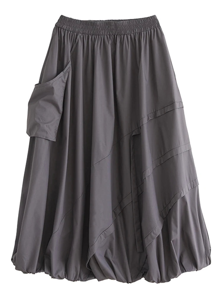 XITAO Bud Pocket Elastic Waist Skirt A-line Casual Loose Fit Solid Color Pleated Fashion Patchwork Summer Women Skirt HQQ2470