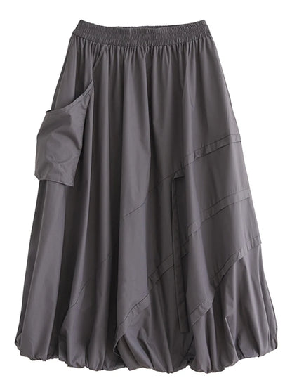 XITAO Bud Pocket Elastic Waist Skirt A-line Casual Loose Fit Solid Color Pleated Fashion Patchwork Summer Women Skirt HQQ2470