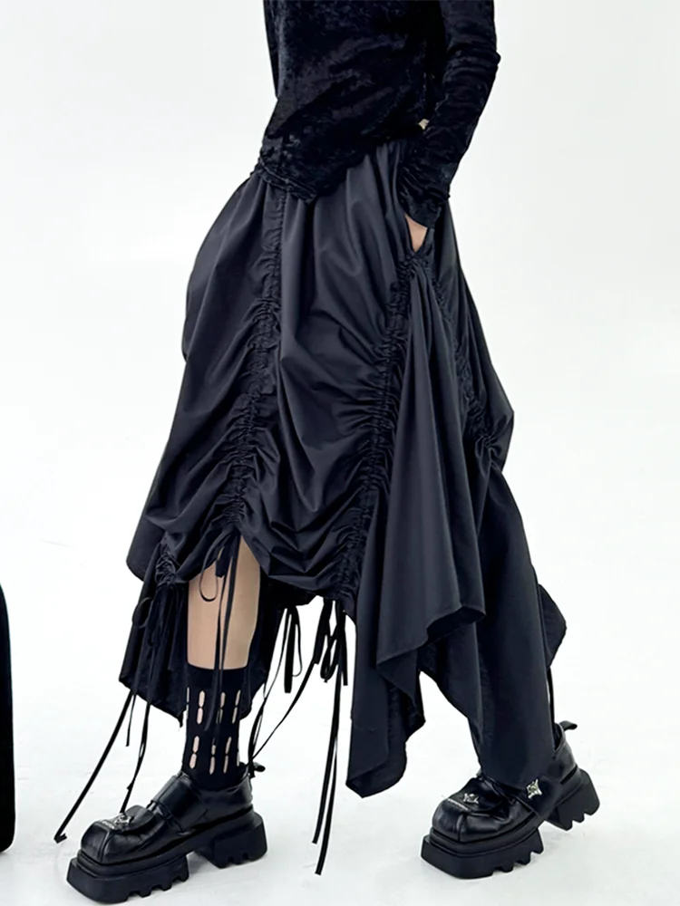 XITAO Drawstring Irregular Elastic Waist Skirt Casual Simple Solid Color Fashion Pleated Personality Summer Female Skirt ZMY1080