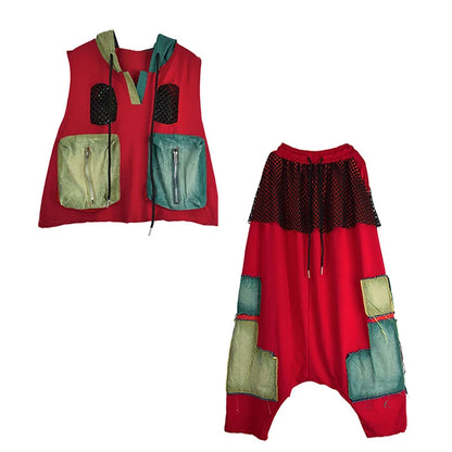 XITAO Patchwork Pocket Contrast Color Hooded Matching Set Casual Loose Fitting Elastic Waist Personality Women Sets GYX1650