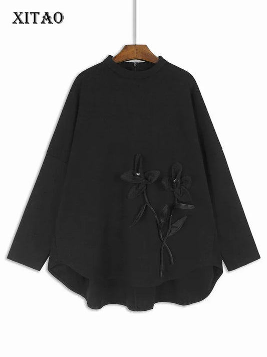 XITAO Three-dimensional Decoration Sweatshirts Solid Color Asymmetrical Pullover Stand Collar Casual Tops 2024 Autumn LJ1082