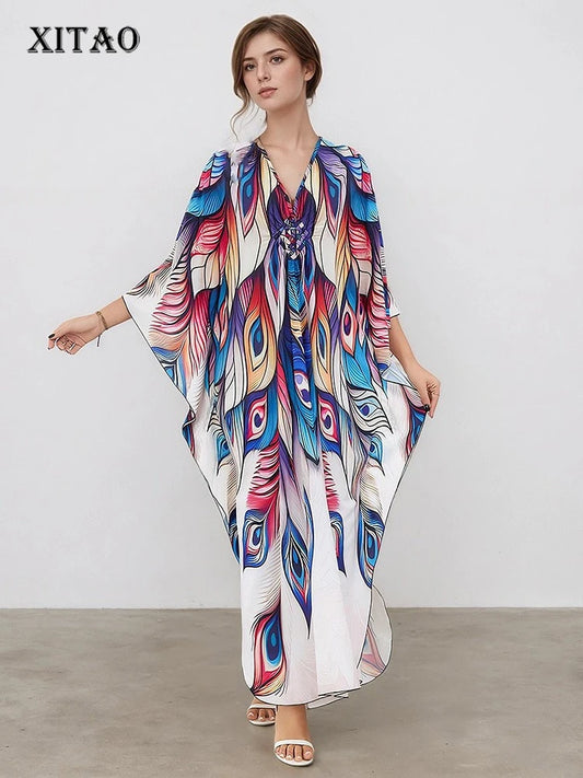 XITAO Bat Wing Sleeve Loose V-neck Dress Peacock Print Pullover Contrast Color Vintage Slimming Summer Woman Dress GJ1156
