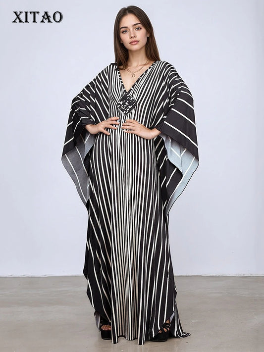 XITAO Stripe Print V-neck Dress Batwing Sleeve A-line Full Sleeve Personality Pullover Fashion Goddess Summer Women Dress GJ1151