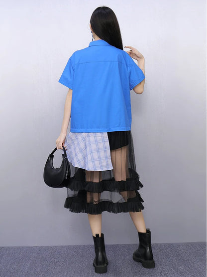 XITAO Gauze Irregular Contrast Color Dress Patchwork Turn-down Collar Single Breasted Casual Loose Summer Woman Dress ZMY1395