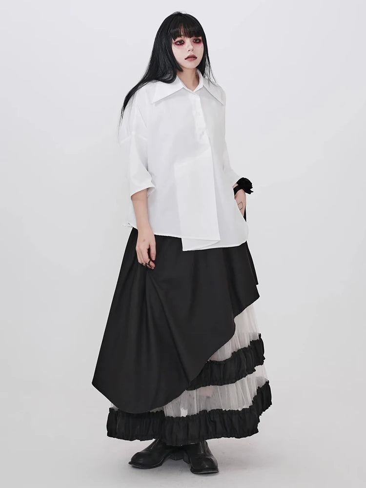 XITAO Gauze Patchwork Contrast Color Asymmetrical Skirt Elastic Waist Loose Casual Temperament A-line Slimming Skirt ZMY1352