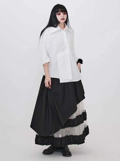 XITAO Gauze Patchwork Contrast Color Asymmetrical Skirt Elastic Waist Loose Casual Temperament A-line Slimming Skirt ZMY1352