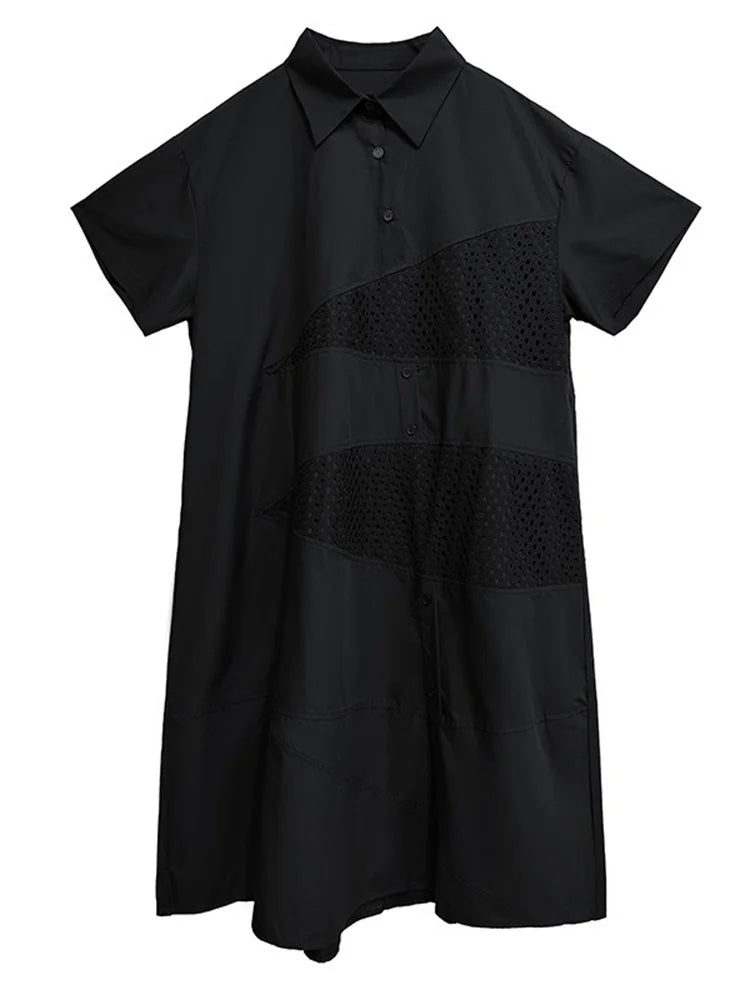 XITAO Hollow Out Patchwork Gauze Dress New Arrival Turn-down Collar Short Sleeve Pocket Loose Elegant Woman Woman Dress HQQ2512